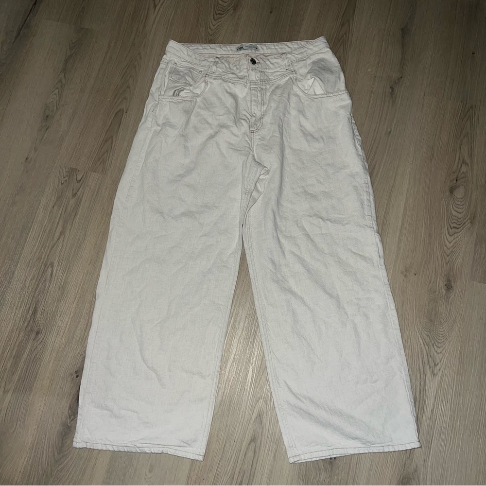 Zara Wide Leg Pants Women’s Size 14 Cotton Linen Relaxed Fit High Rise Neutral